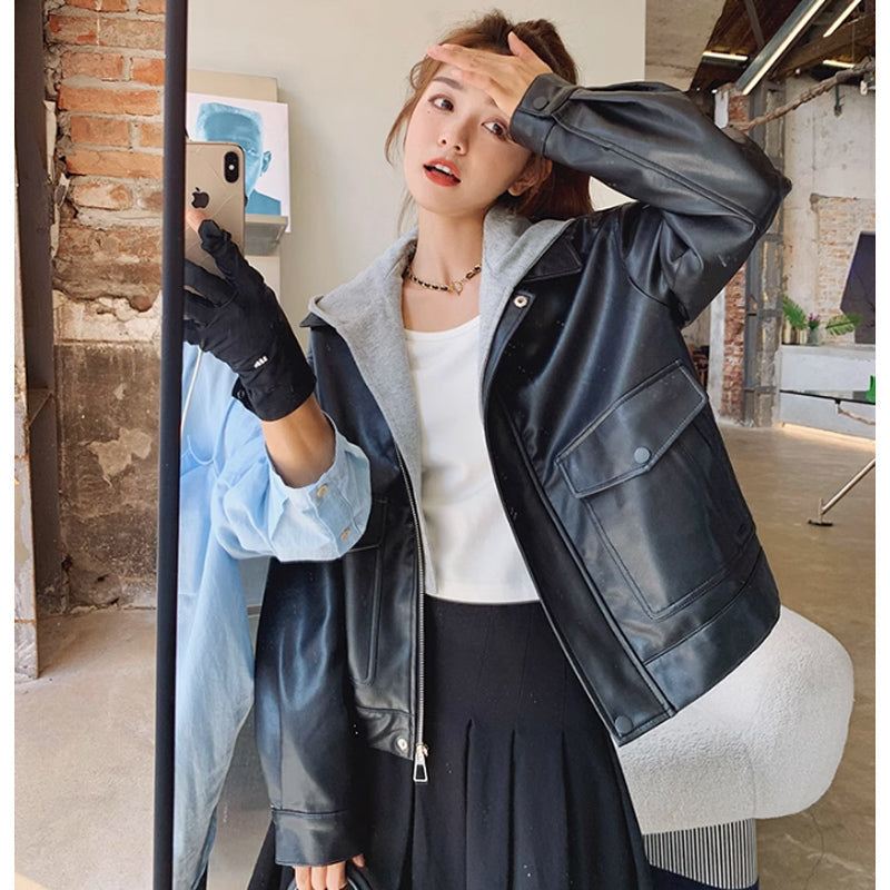 スウェットフード付きレザージャケット