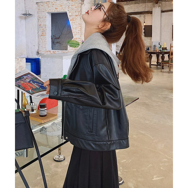 スウェットフード付きレザージャケット