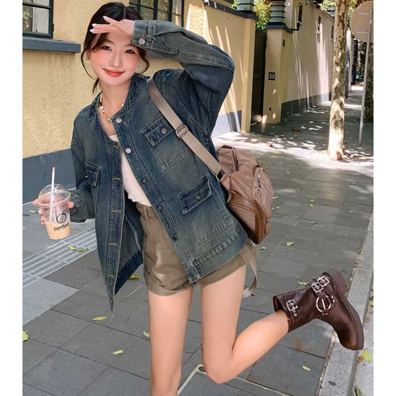 ノーカラーデニムジャケット