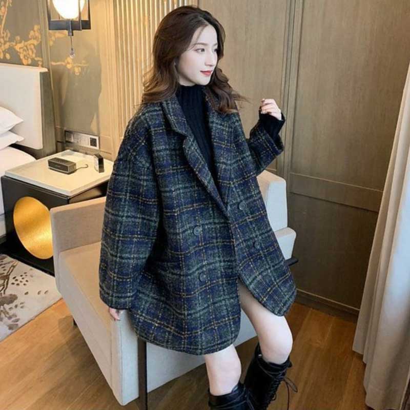 ダブルブレストチェック柄コート(2colors)