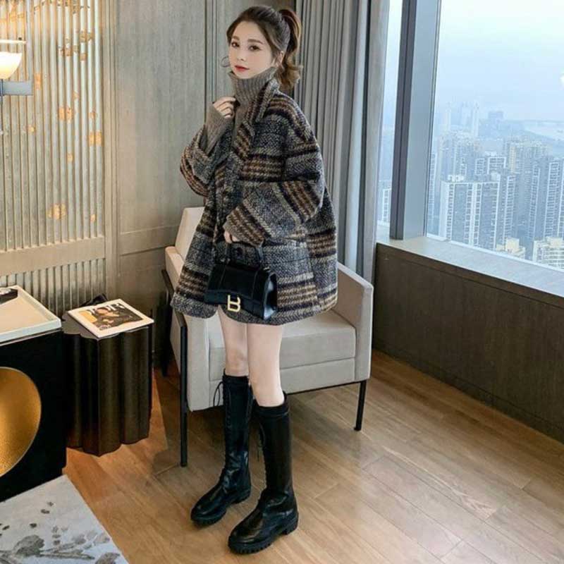 ダブルブレストチェック柄コート(2colors)