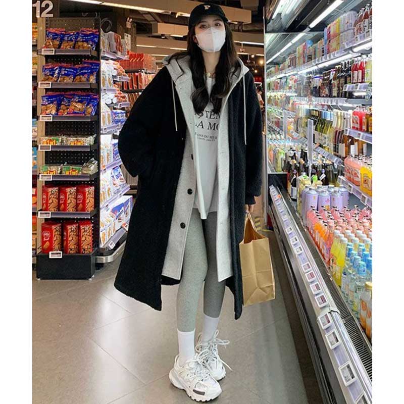 レイヤード風フード付きボアロングコート(3colors)