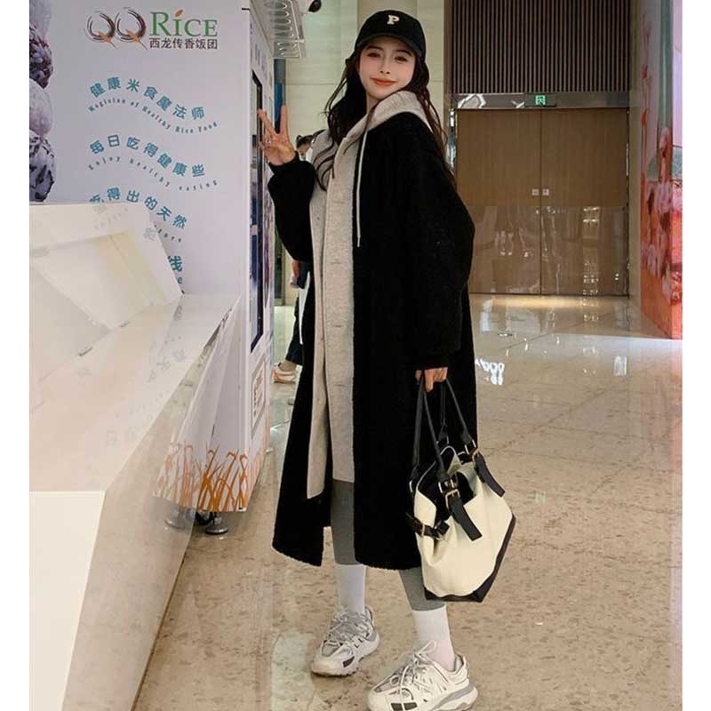 レイヤード風フード付きボアロングコート(3colors)