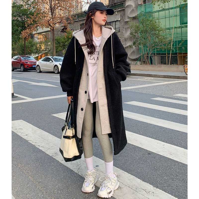 レイヤード風フード付きボアロングコート(3colors)