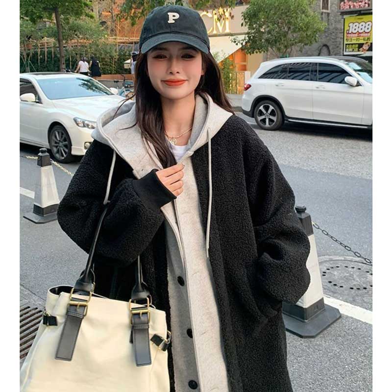 レイヤード風フード付きボアロングコート(3colors)