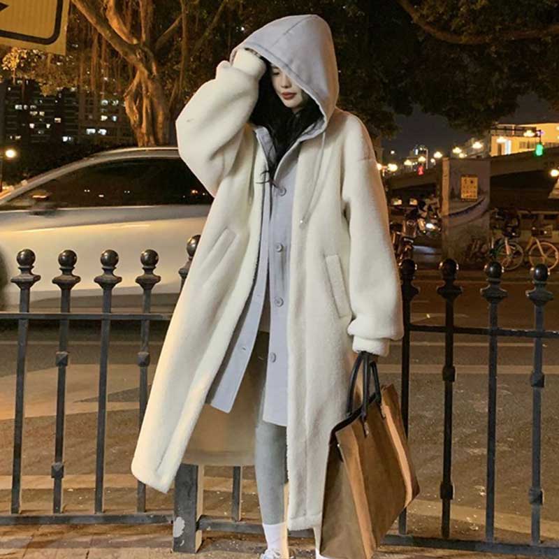 レイヤード風フード付きボアロングコート(3colors)