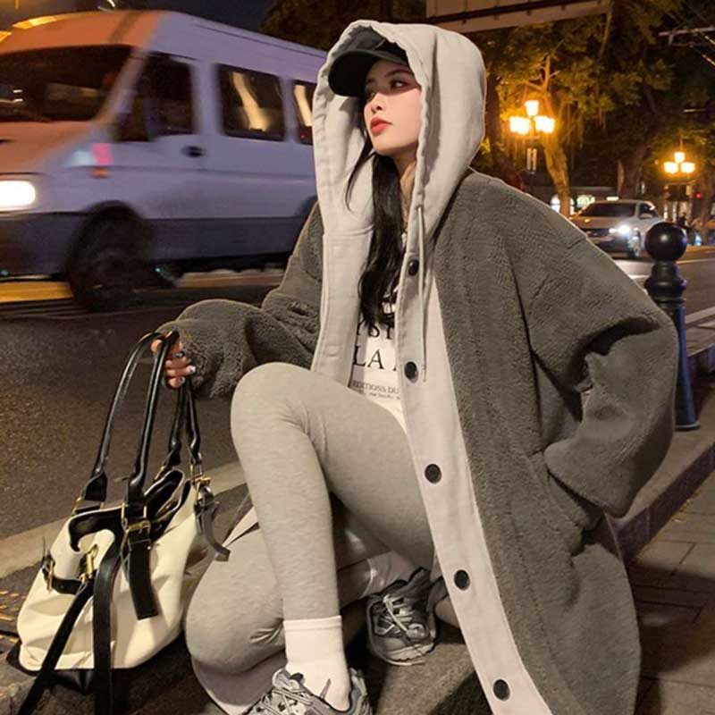 レイヤード風フード付きボアロングコート(3colors)