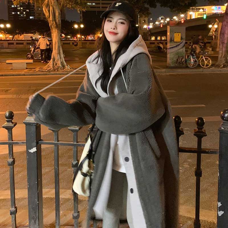 レイヤード風フード付きボアロングコート(3colors)