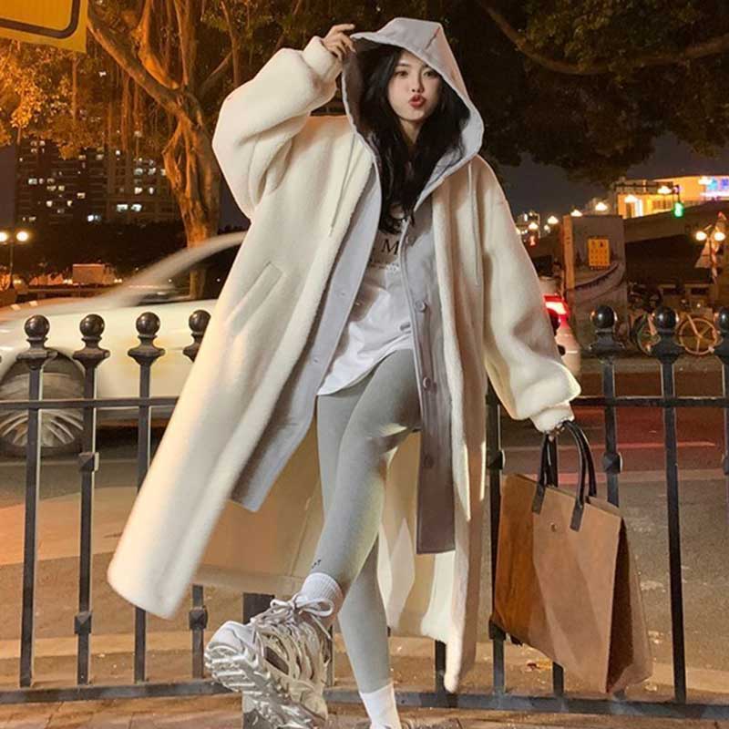 レイヤード風フード付きボアロングコート(3colors)