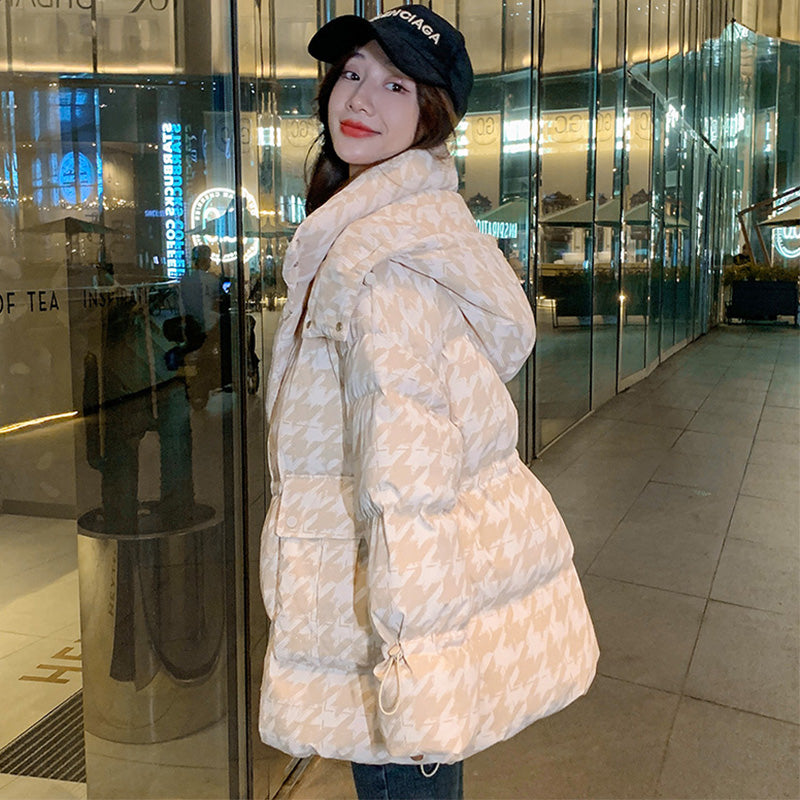 千鳥格子柄フーディードローストリングダウンジャケット