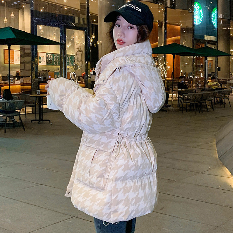 千鳥格子柄フーディードローストリングダウンジャケット