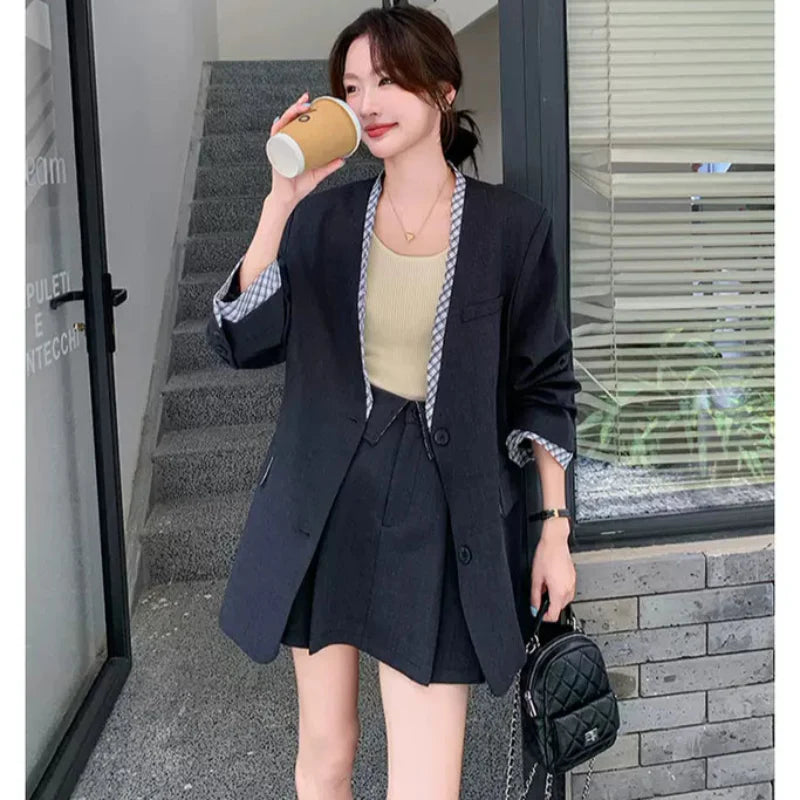 チェックデザイングレージャケット×スカートスーツ
