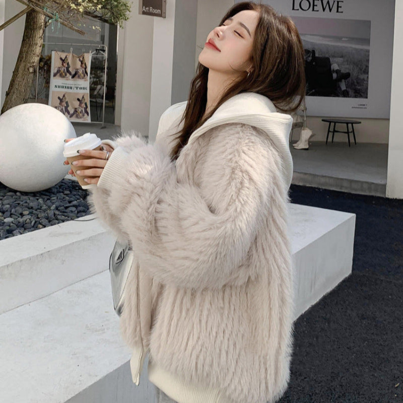 ニットフード付きファージャケット