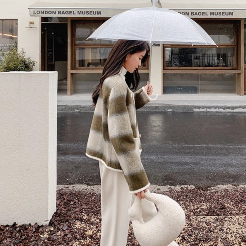 ノーカラーブラウンチェックジャケット