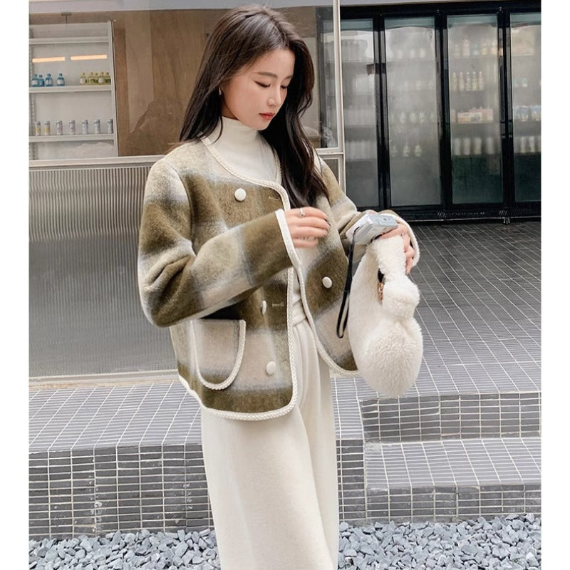 ノーカラーブラウンチェックジャケット