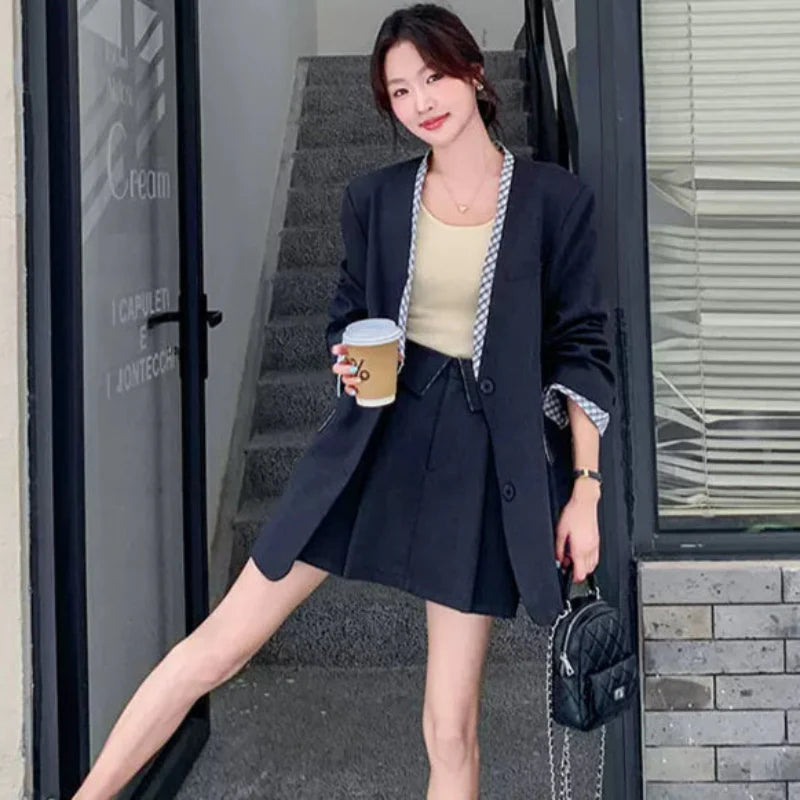 チェックデザイングレージャケット×スカートスーツ