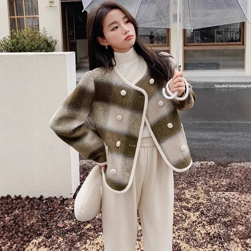 ノーカラーブラウンチェックジャケット