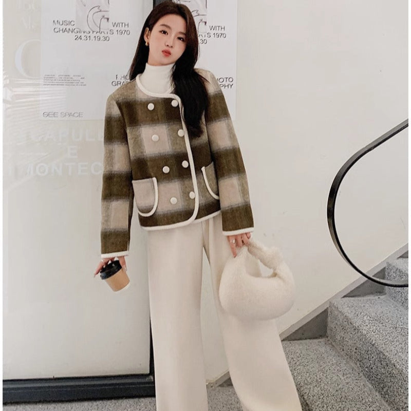 ノーカラーブラウンチェックジャケット