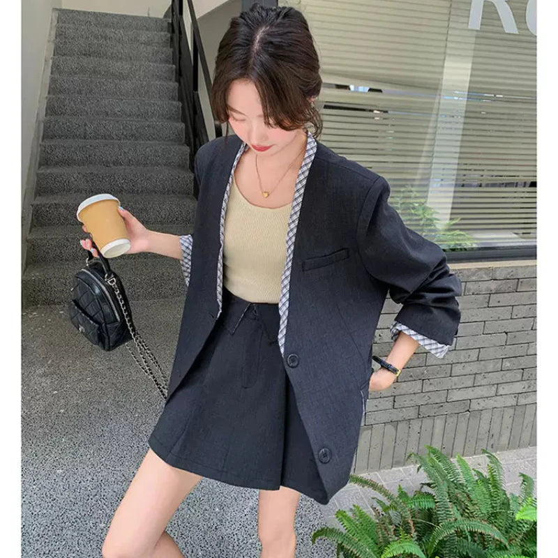 チェックデザイングレージャケット×スカートスーツ