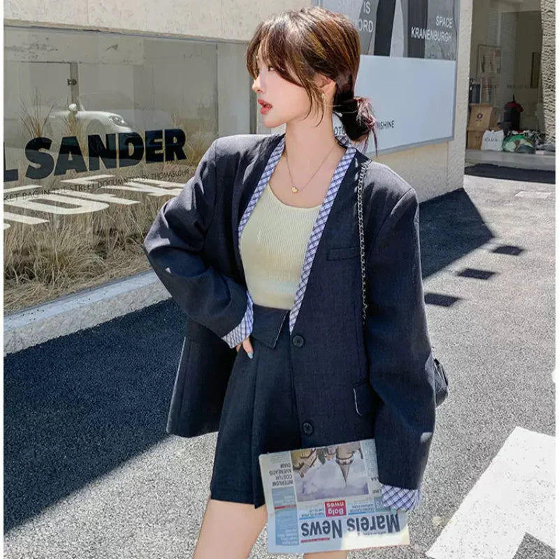 チェックデザイングレージャケット×スカートスーツ