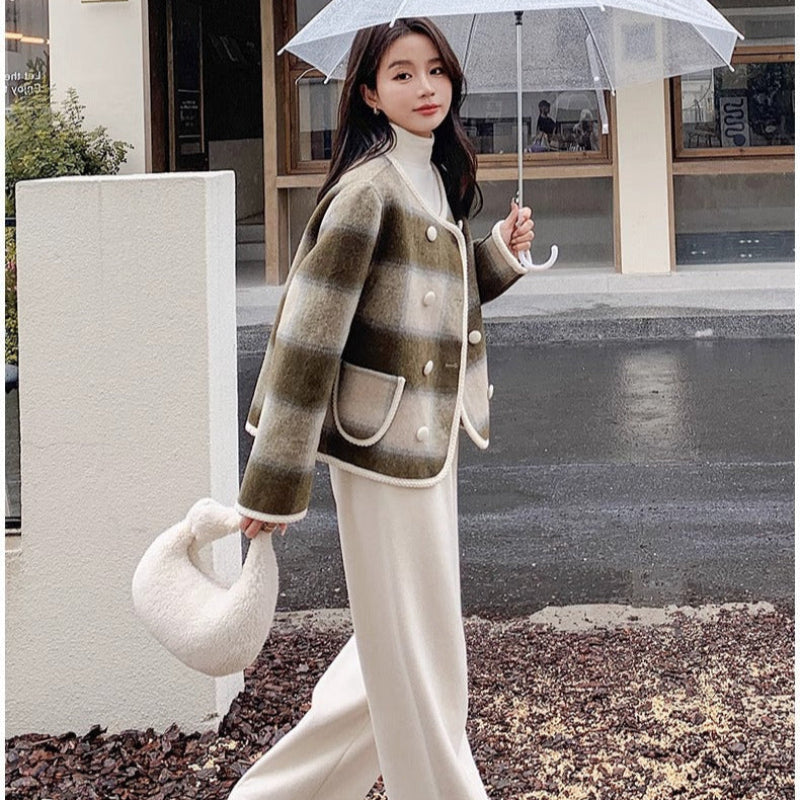 ノーカラーブラウンチェックジャケット