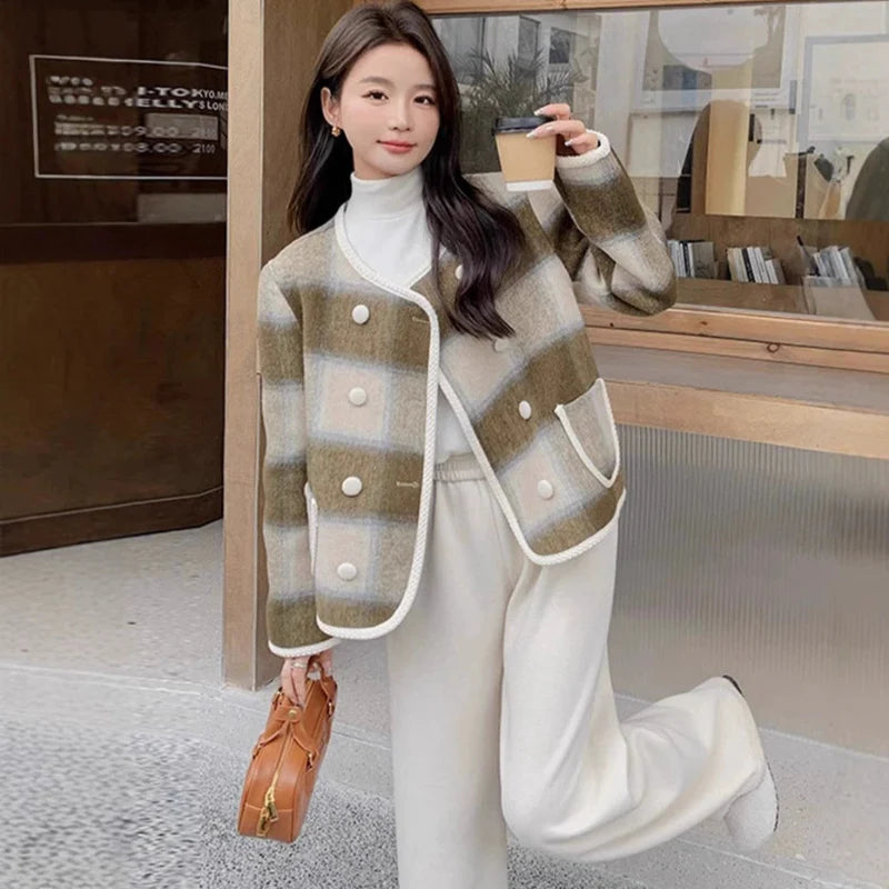 ノーカラーブラウンチェックジャケット