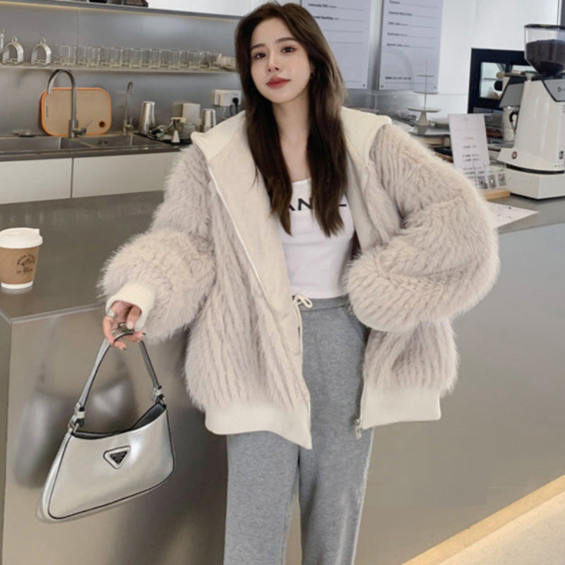 ニットフード付きファージャケット