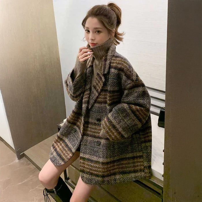 ダブルブレストチェック柄コート(2colors)