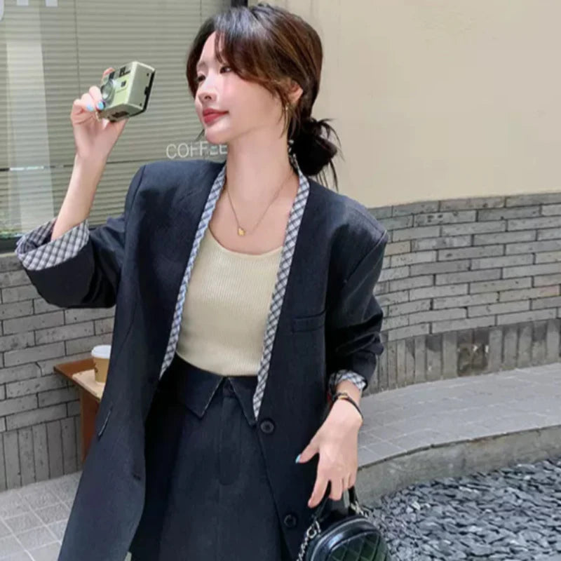 チェックデザイングレージャケット×スカートスーツ