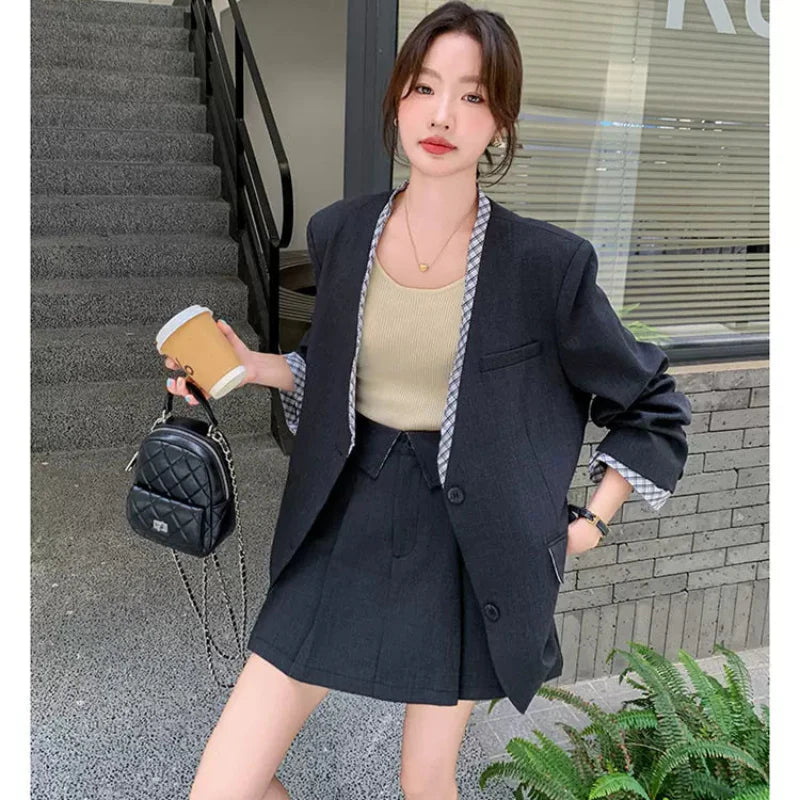 チェックデザイングレージャケット×スカートスーツ