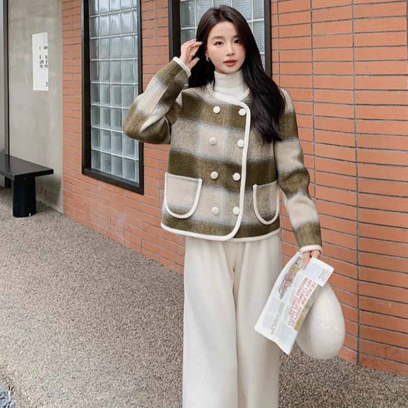 ノーカラーブラウンチェックジャケット