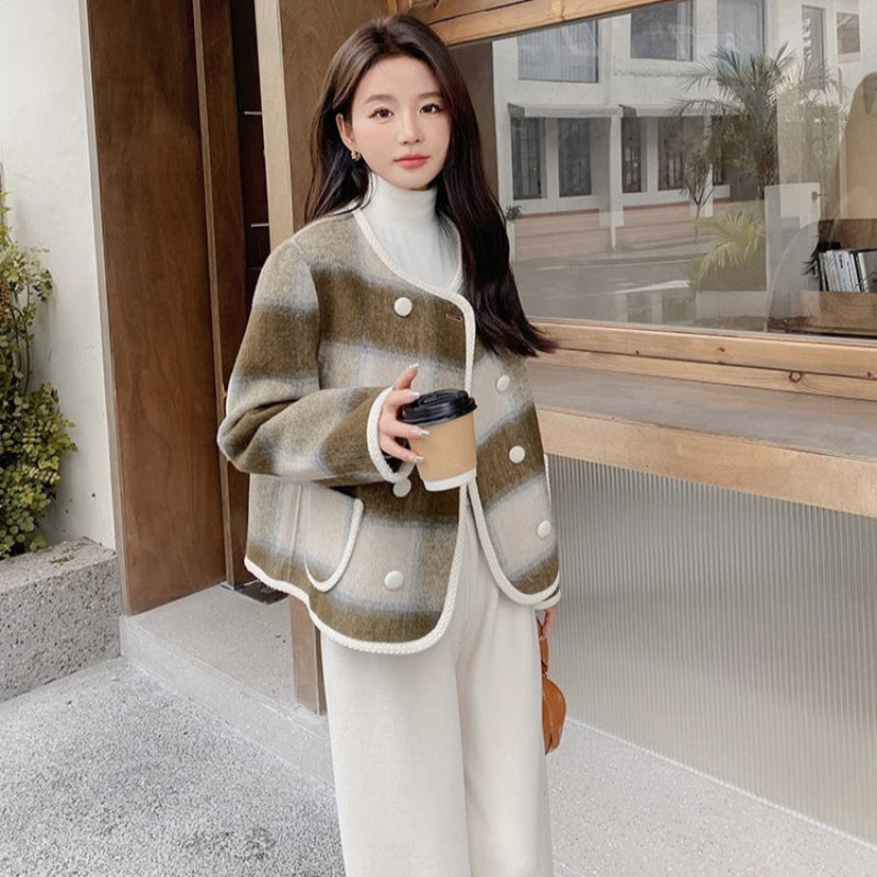 ノーカラーブラウンチェックジャケット