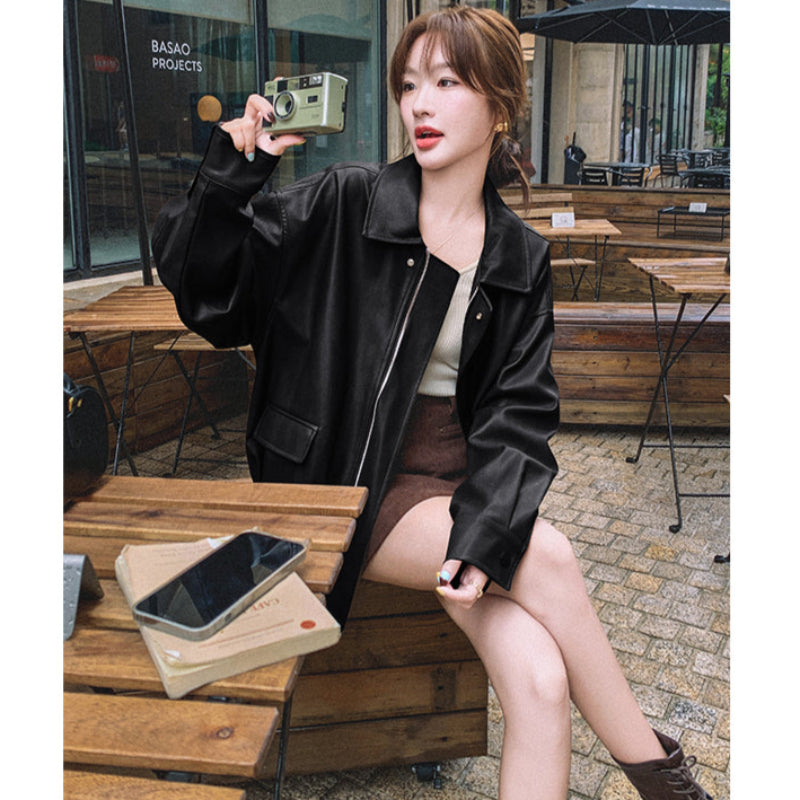 オーバーサイズフェイクレザージャケット(2colors)