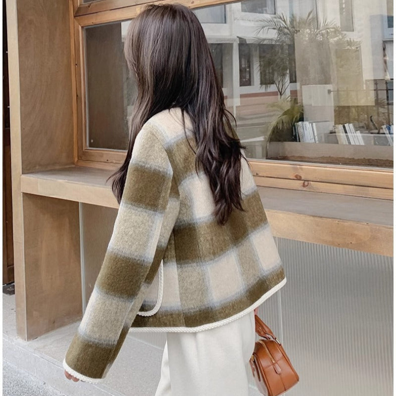 ノーカラーブラウンチェックジャケット