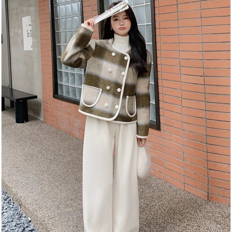 ノーカラーブラウンチェックジャケット