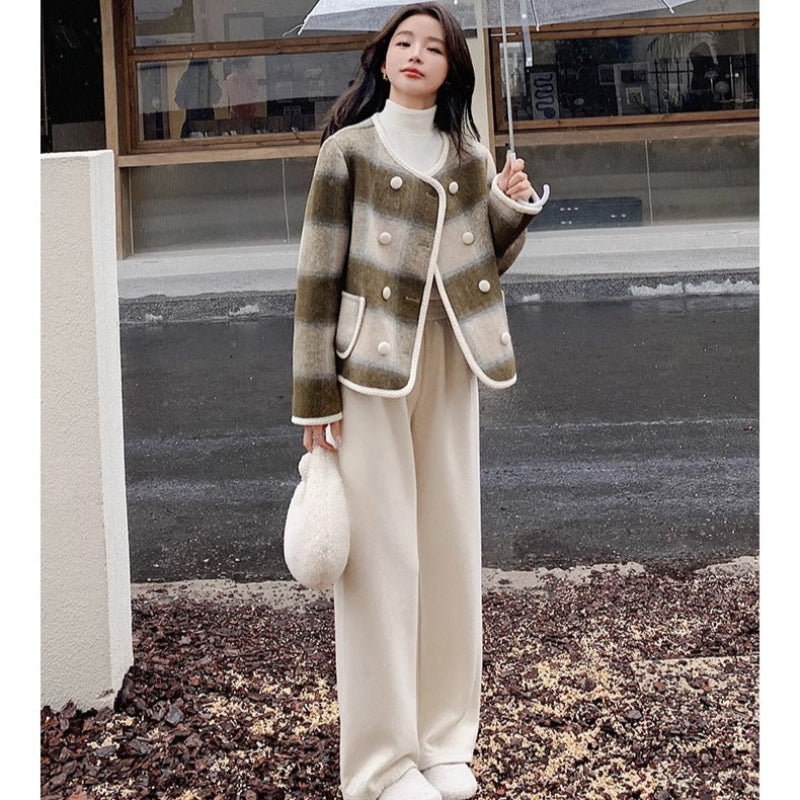 ノーカラーブラウンチェックジャケット