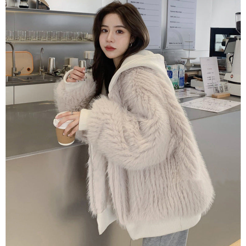 ニットフード付きファージャケット