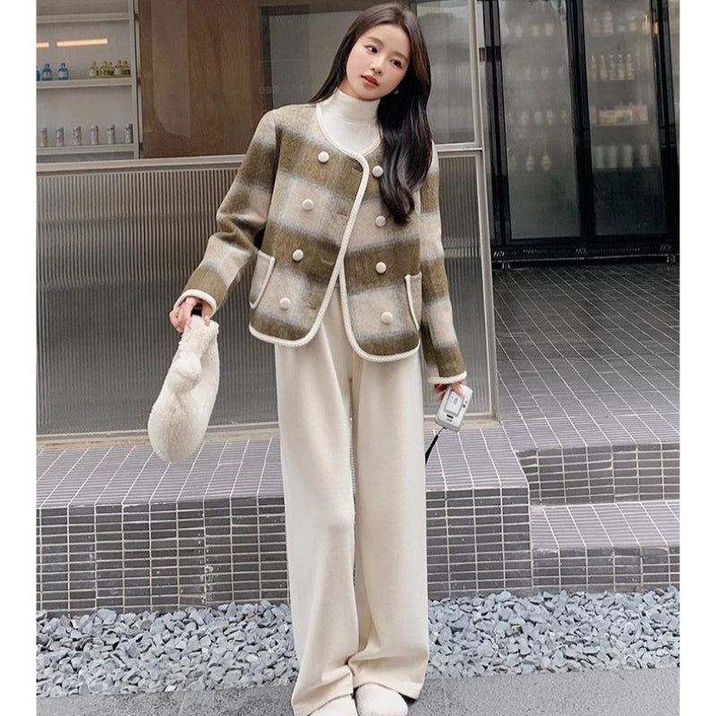 ノーカラーブラウンチェックジャケット