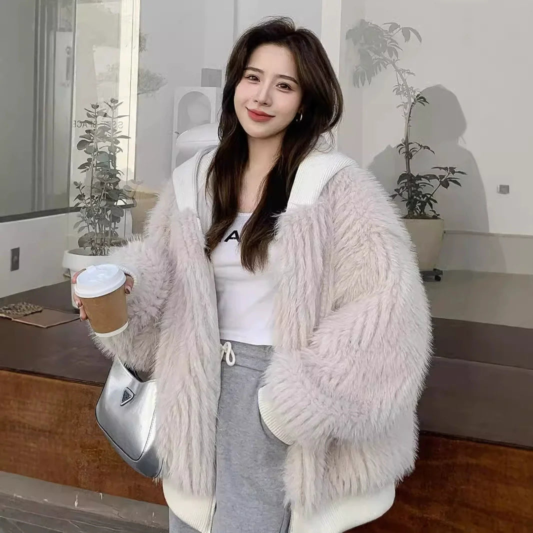 ニットフード付きファージャケット