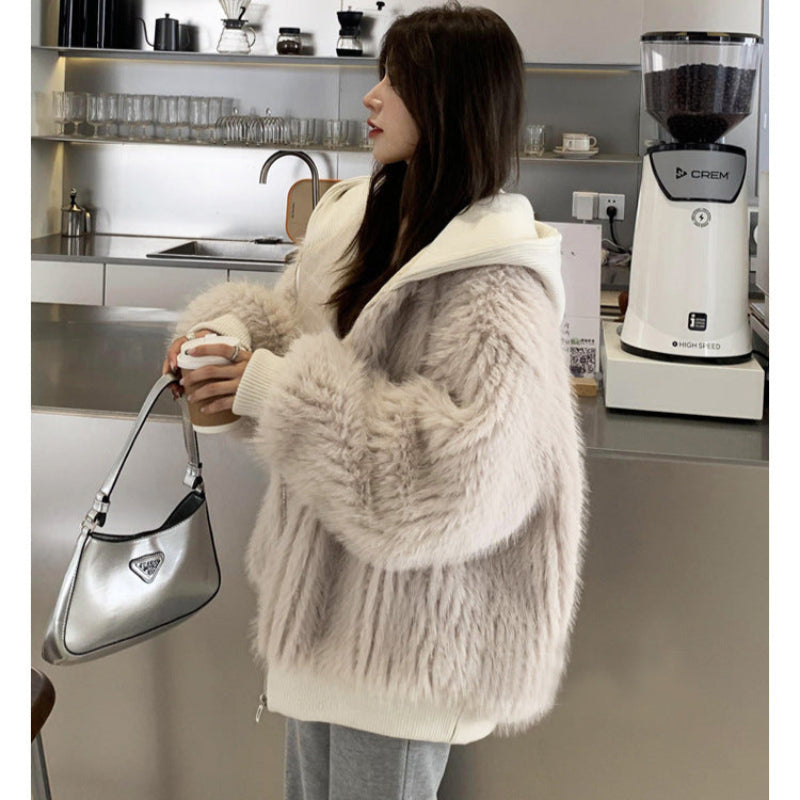 ニットフード付きファージャケット