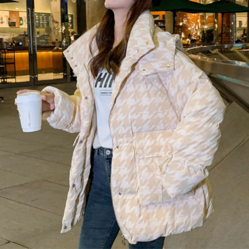 千鳥格子柄フーディードローストリングダウンジャケット