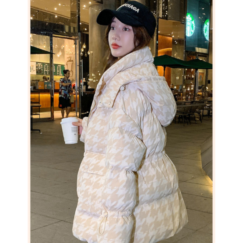 千鳥格子柄フーディードローストリングダウンジャケット