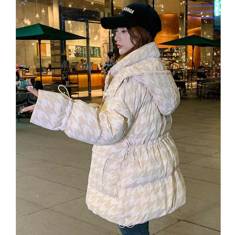 千鳥格子柄フーディードローストリングダウンジャケット