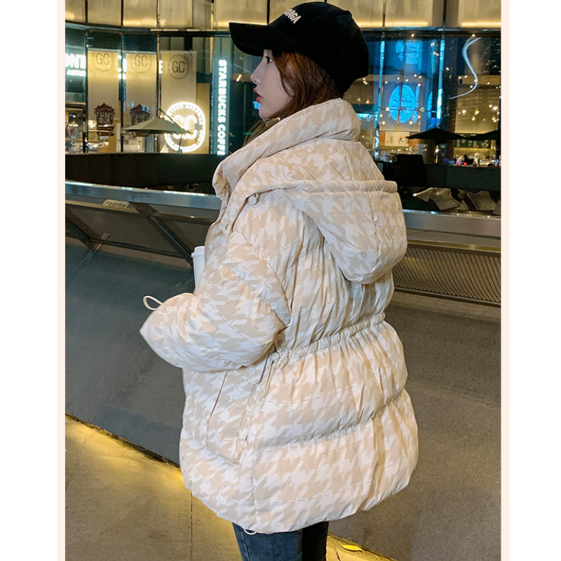 千鳥格子柄フーディードローストリングダウンジャケット