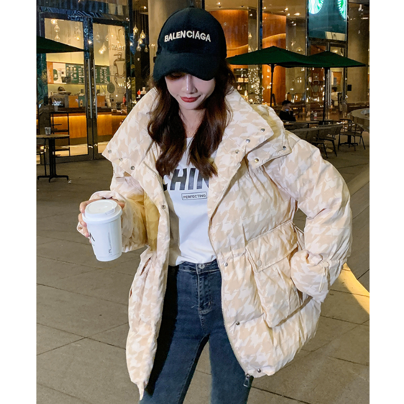 千鳥格子柄フーディードローストリングダウンジャケット