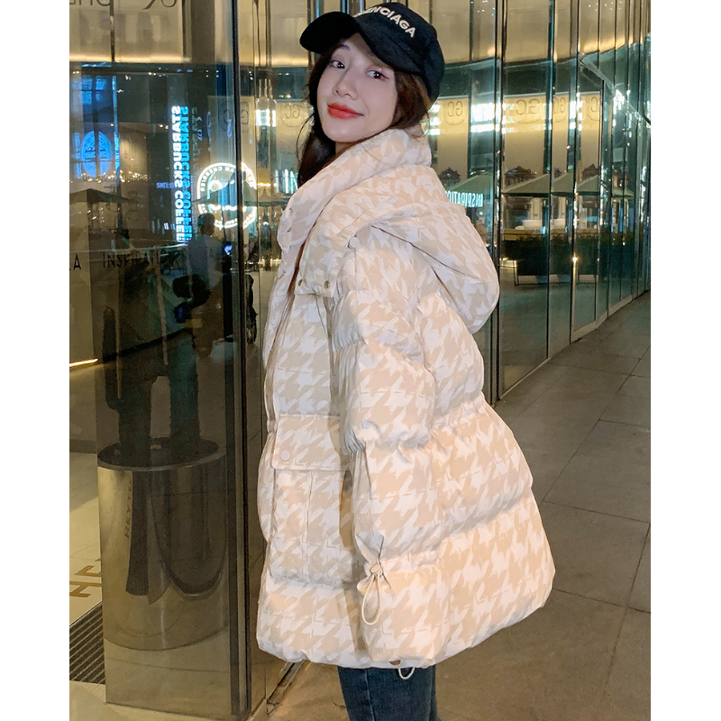 千鳥格子柄フーディードローストリングダウンジャケット