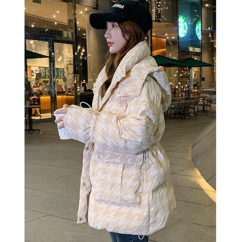 千鳥格子柄フーディードローストリングダウンジャケット